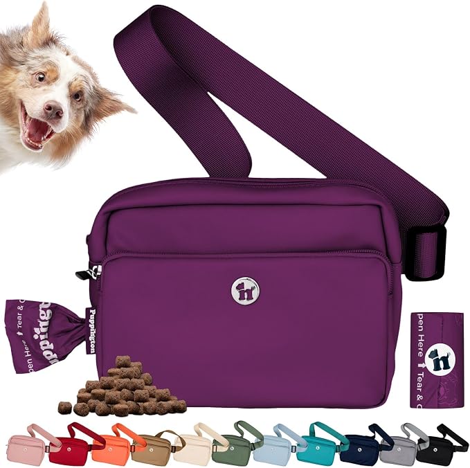 Puppington 3-in-1 Crossbody Dog Walking Bag & Treat Pouch with Matching Planet Safe Poop Bags & Built-In Dispenser - Dog Mom Gift for Puppy Training with Zippered Pockets (Plum Wine) by Puppington