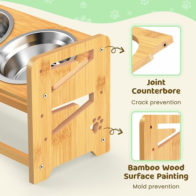 Elevated Dog Bowls, Adjustable Raised Dog Bowl Stand for Medium and Small Dog, 11" High Bamboo Pet Food Feeder with 2 Stainless Steel Dishes（4 Heights） - Image 4