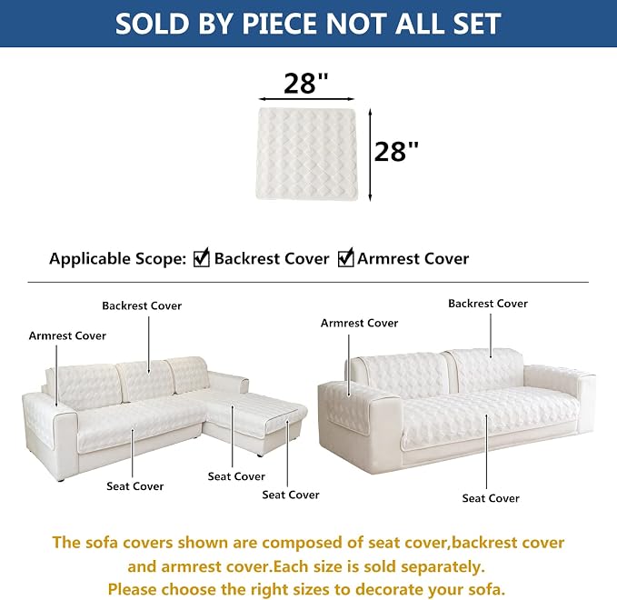 Eismodra Armrest Covers,Sectional Couch Covers,L Shape Sofa Slipcover Furniture Protector for Dogs Cats Pet Chaise Lounge 3 Cushion Couch Loveseat,White 28 x 28 inches (Only 1 Piece) - Image 5