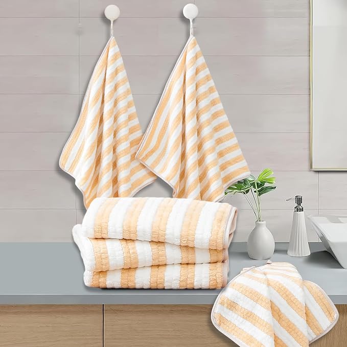 18-Piece Microfiber Bath Towels Set - 6 Bath Sheet, 6 Hand Towels, 6 Washcloths, Soft, Highly Absorbent Bathroom Towel, Quick Dry & Less Lint Shower towel for Bathroom, Hotel, Spa, Dorm-Apricot Yellow - Image 7