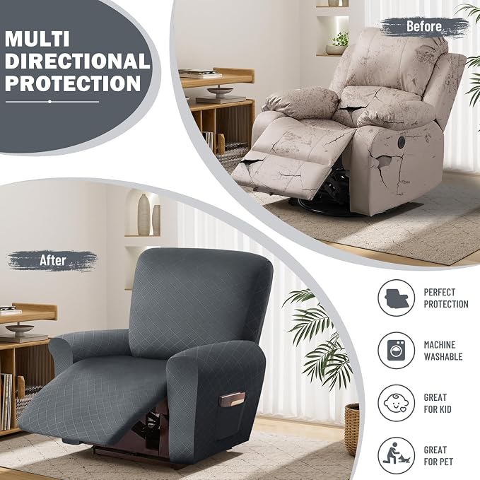 vctops Diamond Recliner Cover 4-Pieces Recliner Stretch Sofa Slipcover 1 Seater Couch Protector Soft Solid Furniture Protector Covers with Elastic Strap (Grey,1 Seat) - Image 5