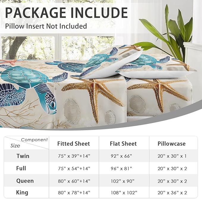WeCozy Twin Size Bed Sheet Sets with Pillowcases, Ocean Coral Sea Turtle 3 Pcs Soft Microfiber Bedding for Kids and Adults, Blue Shell Animal Flat, Fitted Sheet for Bedroom Bed Decor - Image 6