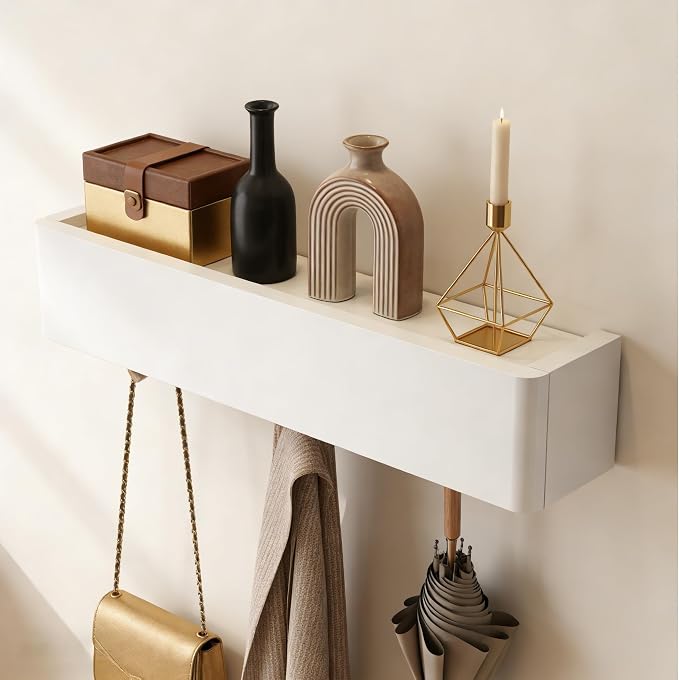 CycleCrew Solid Wood Wall Mounted Coat Rack with Shelf Hooks - Modern Floating Shelves with 5 Hidden Hooks, Heavy Duty Entryway Coat Key Holder Hanger for Hallway Bathroom Bedroom Home Decor by Unknown