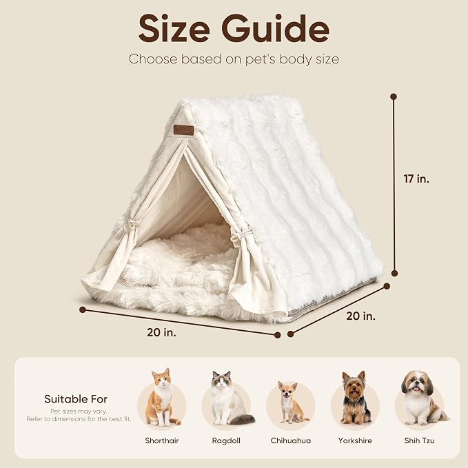 FUKUMARU Cat Cave Bed, Sturdy Frame Washable Cat Tent Bed with Curtain | Semi-Enclosed Cat Hideaway for Anxious Cats, Large Cozy Cat House for Indoor Cats, Soft Plush Covered Dog Bed, Cream - Image 6