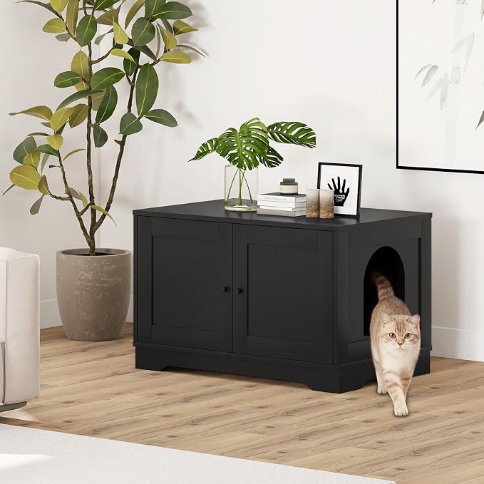 Tangkula Cat Litter Box Enclosure, Wooden Kitty Washroom Cabinet w/Winding Entry & Cat Hole, with Divider, Hidden Double Enclosed Litter Box Furniture for Living Room, Bedroom, Entryway (Black) - Image 8