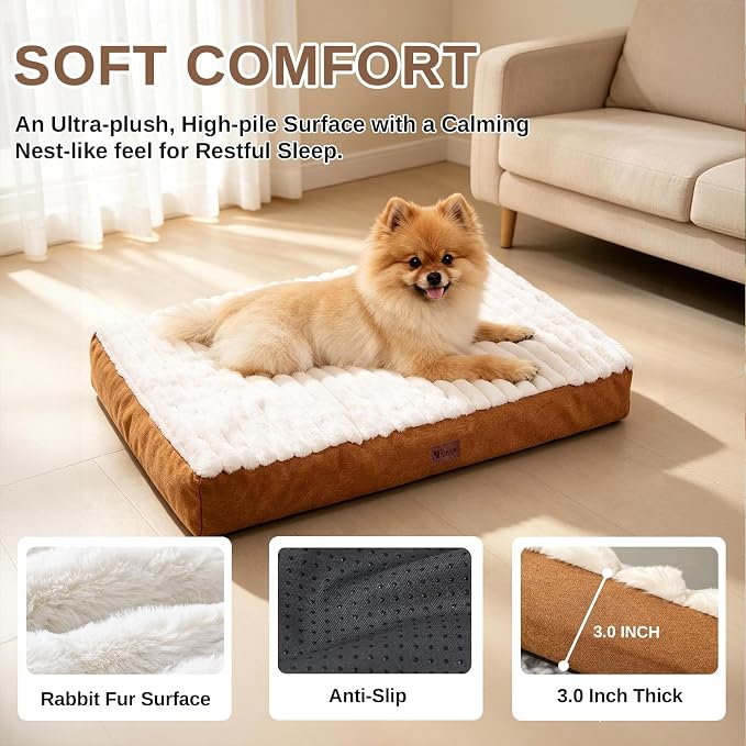 Orthopedic Dog Bed for Medium Dogs, Firm Egg Crate Foam, Non-Slip Bottom | Machine Washable Cover, Plush Faux Rabbit Fur Top, Pet Beds for Crate, Floor & Car, Up to 30 lbs,Brown,29"L x 18"W x 3"H - Image 3