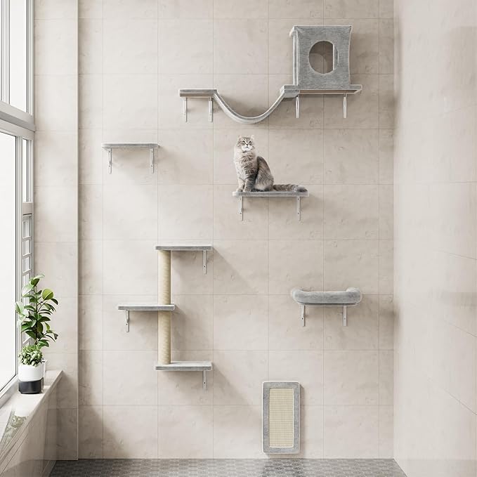 12-in-1 Cat Wall Shelves, Luxury Wall-Mounted Cat Climber Set | with Condos House, Scratching Post, Bridge Ladder, Indoor Space-Saving Furniture for Kittens，Gray - Image 8