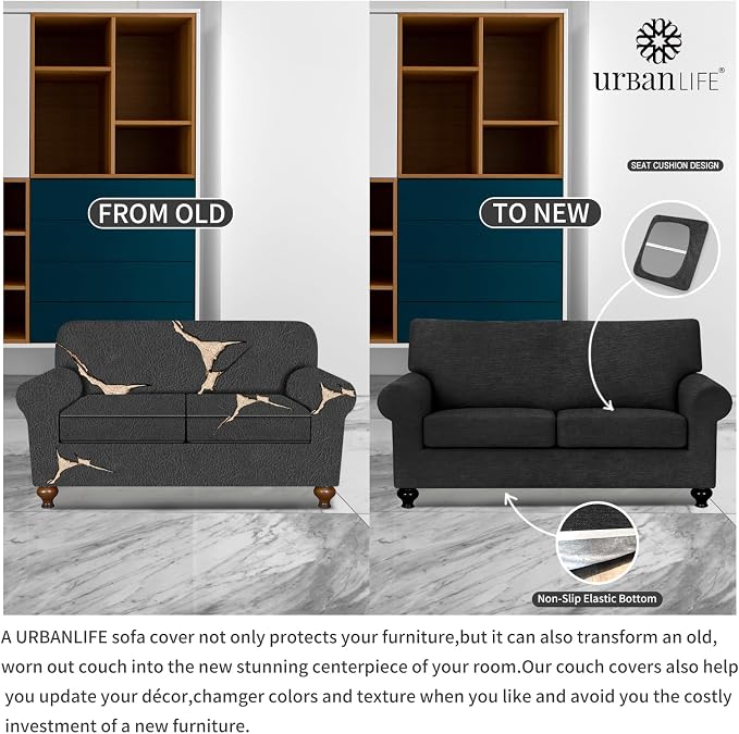 URBANLIFE 3-Piece Stretch Sofa Covers for 2 Cushion Couch, Black | Super fitted spandex slipcovers for couches. Non-slip elastic bottom. Machine washable furniture protector for kids & pets. - Image 5