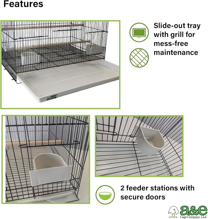 A&E Cage Co 504 Flight Bird Cage for Finches & Parakeets, 30"x18"x18" Black | 2 Slide-Up Feeder Doors, Wood Perch, Slide-Out Cleaning Tray, Carry Handle, Roomy Flight Space for Canaries - Image 3