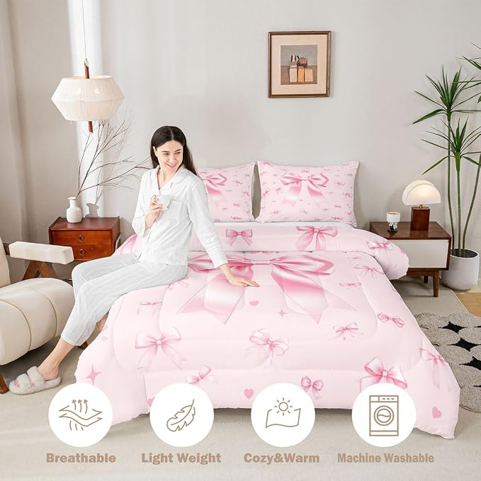 Manfei Pink Bowknot Bed Comforter Set Queen Size,Cute Ribbon Bow Tie Super Soft Microfiber Bedding Set for Adults Men,Preppy Trendy Kawaii Princess Decorative Comforter Set,3 Pcs - Image 3