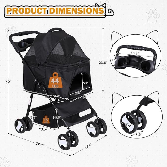 ZENY Pet Stroller, 3 in1 Foldable Dog Cat Jogger Stroller with 4 Wheels, Detachable Basket and Cup Holder, Travel Folding Carrier for Small/Medium Pet (Black)