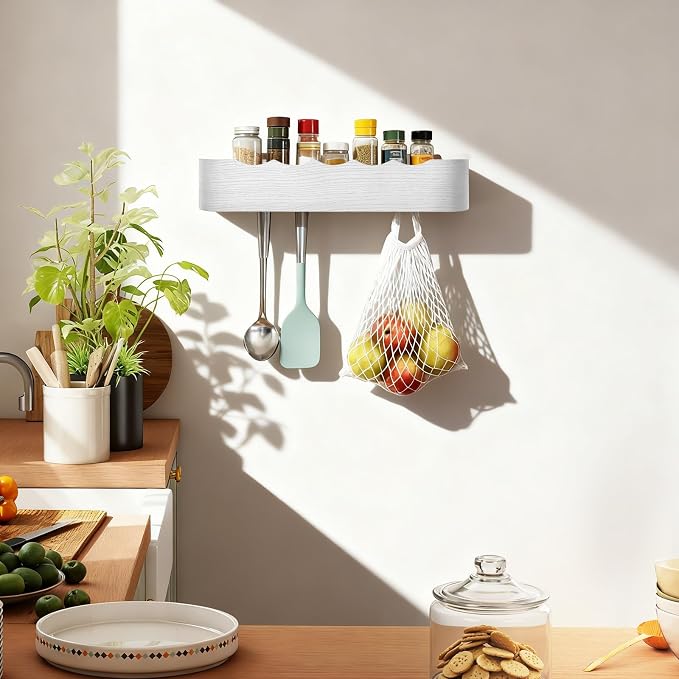 Coat Rack Wall Mount with Shelf Entryway Shelf Modern Key Holder Hanger Wall Shelves with Hidden Hooks for Hanging Towels Coats Hats Bags for Hallway Bathroom Bedroom (Wavy White, 5 Hooks) - Image 7