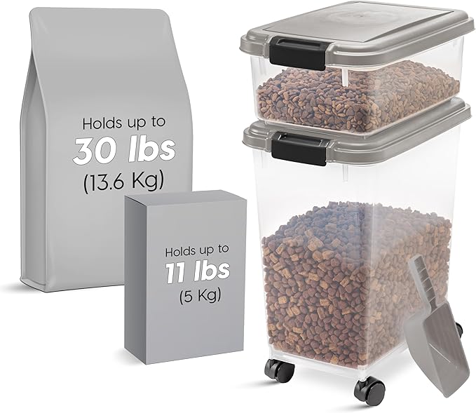 IRIS USA Airtight Dog Food Storage Container Combo, 30 lb & 11 lb Bin | Stackable food storage system includes scoop and wheels to keep kibble, treats, and pet food fresh and organized. - Image 2