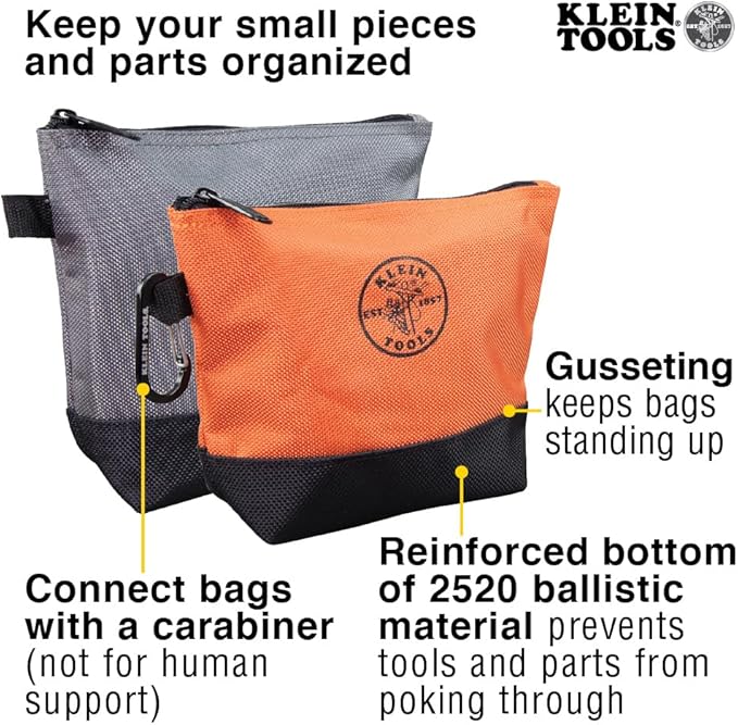 Klein Tools 55470 Utility Bag, Stand-Up Zipper Tool Bags, Tough 1680d Ballistic Weave, Reinforced Bottoms, Orange/Black, Gray/Black, 4-Pack - Image 3