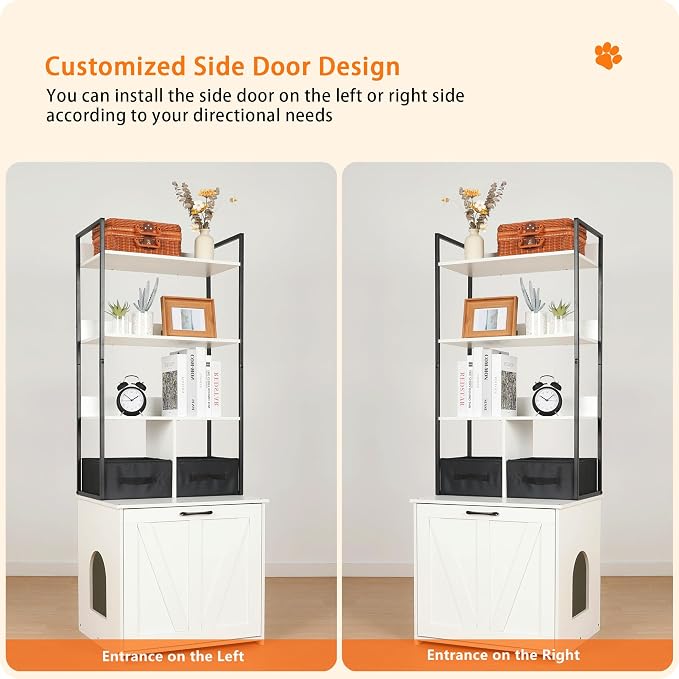 Dwanton Litter Box Enclosure with 3 Storage Shelves and 2 Drawers, 2-in-1 Hidden Cat Litter Box Enclosure Furniture with Shelf, Reversible Entrance, Washable Drawers, 61.8-Inch, White - Image 2