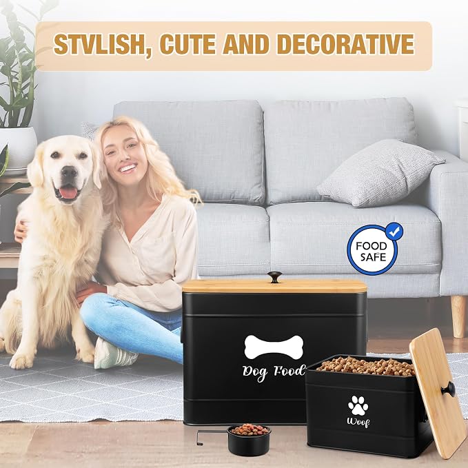 Newtay 2Pcs Extra Large Metal Dog Food Containers Airtight 12 & 3.5 Lbs Dog Treat Snack Jars Set of 2 with Bamboo Lids and Spoons Farmhouse Big Pet Cookie Storage Jars for Kitchen Counter Gift(Black) - Image 6