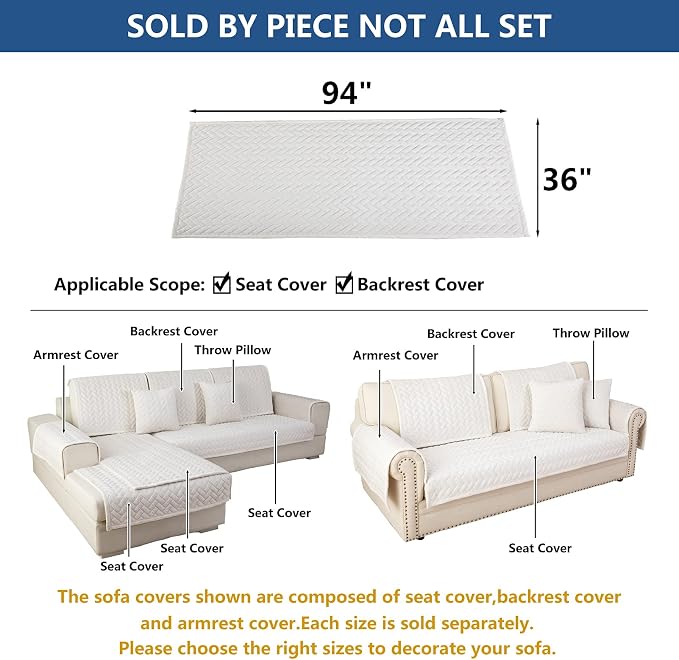 Eismodra Couch Cover,Sectional Couch Covers,Sofa Covers for 3 Cushion Couch,Anti-Slip Sofa Slipcovers for Dogs Cats Kids Loveseat Recliner L Shaped Armrest Backrest,White 36''x94''(Only 1 Piece) - Image 5