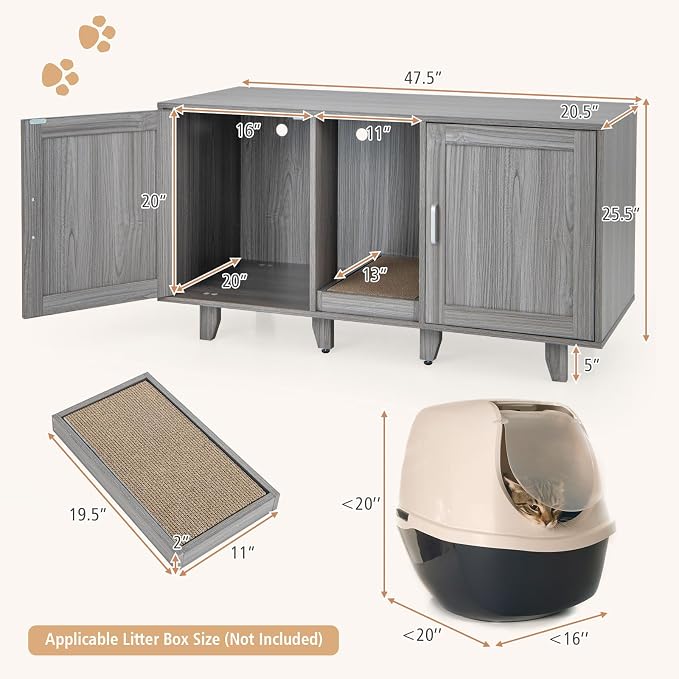 Tangkula Patented Double Cat Litter Box Enclosure for 2 Cats, Large Stackable Hidden Privacy Cat Washroom Cabinet with Scratching Board, Indoor Cat House TV Stand, Litter Box Furniture (Grey Oak) - Image 4