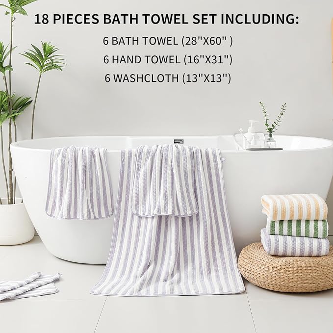 18-Piece Microfiber Bath Towels Set - 6 Bath Sheet, 6 Hand Towels, 6 Washcloths, Soft, Highly Absorbent Bathroom Towel, Quick Dry & Less Lint Shower towel for Bathroom, Hotel, Spa, Dorm-Light Purple - Image 4