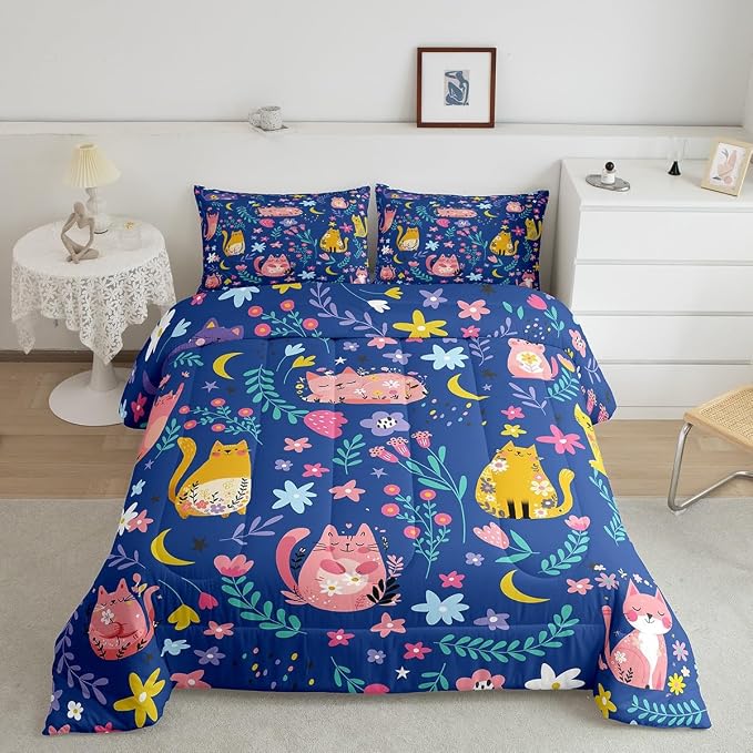 Feelyou Kids Funny Cats Bedding Set Girls Cute Flower Cartoon Kitty Kitten Comforter Set King Size Animal Theme Duvet Insert Girly Kawaii Room Blue Decor by Feelyou