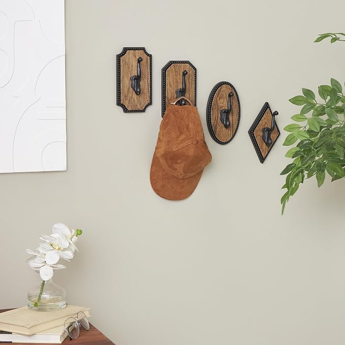 Deco 79 Wooden Home Wall Hook Vintage Inspired Coat Hooks with Black Beaded Frames and Varying Geometric Shapes, Set of 4 Hooks 4'W, 7'H, Brown - Image 2