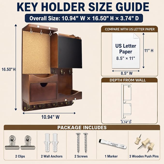 Key Holder Wall Mount， Mail Organizer Key Holder for Wall with Shelf, Drawer, Chalkboard, Corkboard, Home Decor Wall Mounted for Room Entryway(Vintage Brown) - Image 2