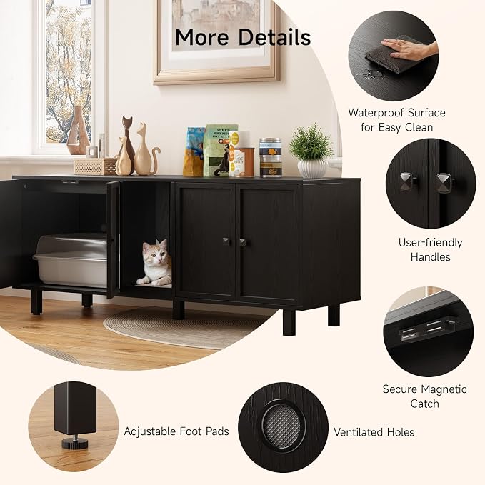 ONBRILL 59 Inches Cat Litter Box Enclosure for 2 Cats, Hidden Litter Boxes Furniture with Cat Scratch Pad, Large Indoor Pet House with Double Room, Wooden TV Stand Side Table, Black - Image 8