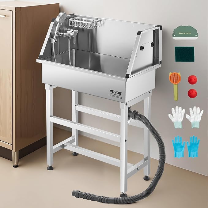 VEVOR Professional Dog Washing Station, 34 Inch Stainless Steel Pet Grooming Tub with Hot & Cold Faucet, Showerhead, Storage Rack, No-Bend All-in-One Bathtub, Home Wash Sink, Fits Small Cats and Dogs - Image 8