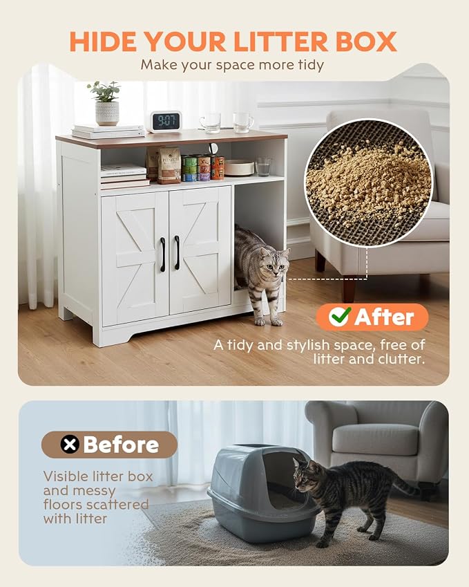 Cat Litter Box Enclosure, Hidden Litter Box Furniture with Charging Station, Cat Cabinet with Scratch Pad & 2-Tier Storage, Farmhouse Indoor Cat House Living Room End Table Hallway, White - Image 6