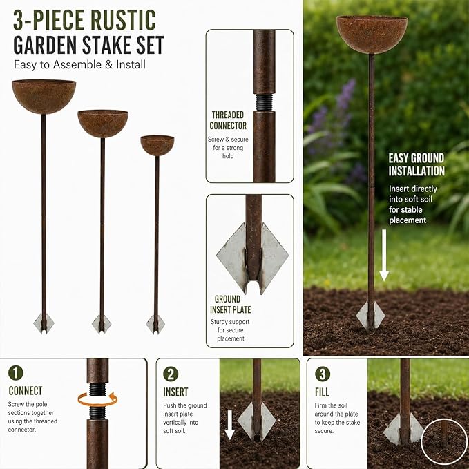 3 Pack Rustic Metal Bird Bath Stake Set for Outdoors, Garden Bird Bath Bowls with Ground Stakes, Bird Feeder Rain Catcher Wildlife Water Station for Birds, Bees & Butterflies - Image 6