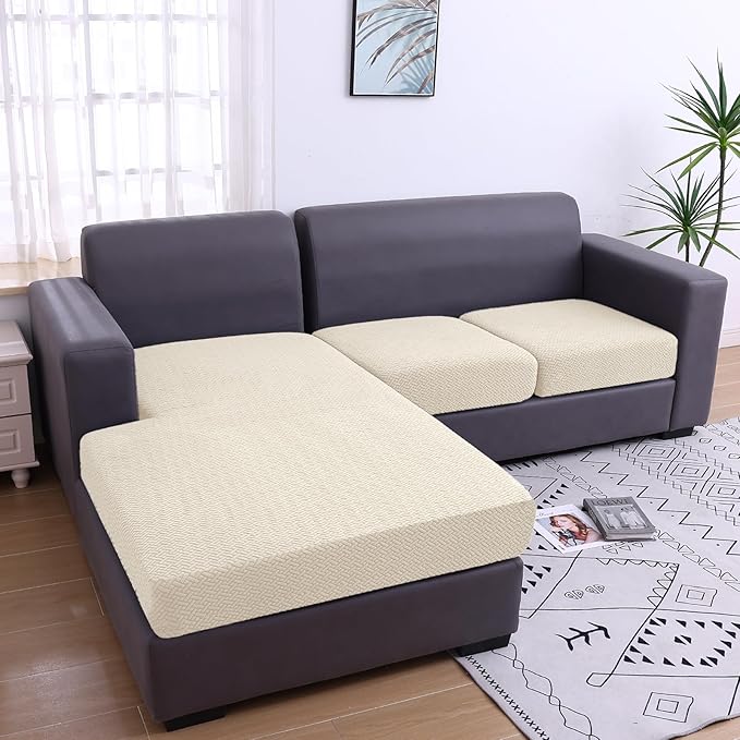 Smiry Waterproof Couch Cushion Covers, L Shape Sectional Couch Covers | Stretch Jacquard Chaise Lounge Sofa Slipcover, Washable Elastic Furniture Protector for Pets, Chaise XL, Biege - Image 5