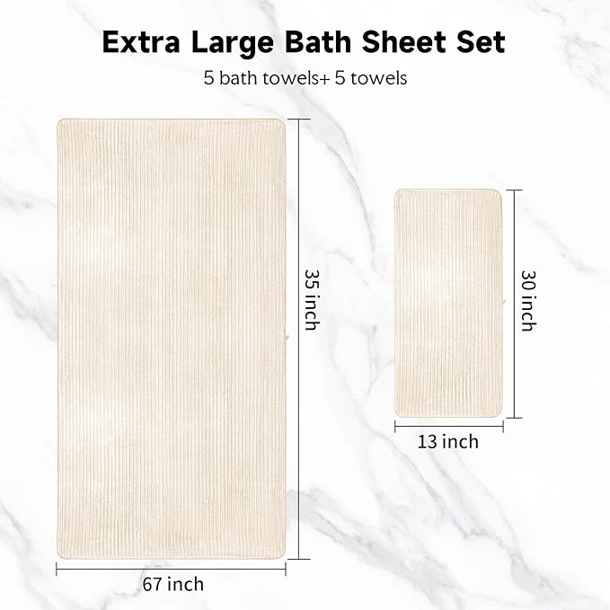 Extra Large Bath Towel Set 10 Piece, XL Bath Towels 35"x67" Oversized Bath Sheets, 280 GSM Microfiber Quick Dry Absorbent Towels, 5 Bath Sheets & 5 Hand Towels (Cream) - Image 2