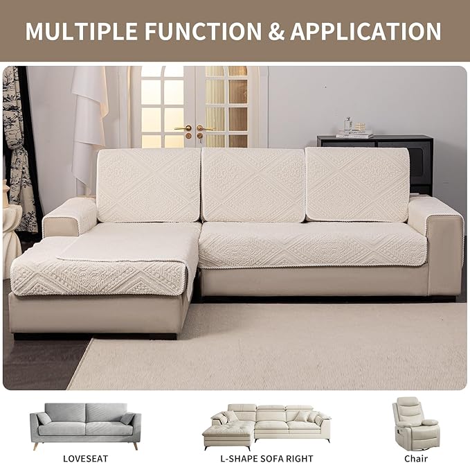 Boho Couch Cover Non Slip Sofa Cover Washable for Dogs, Sectional Couch Covers Soft, Plush Sofa Slipcover Furniture Protector Covers for L Shaped(Beige White, 36"x 71") - Image 5