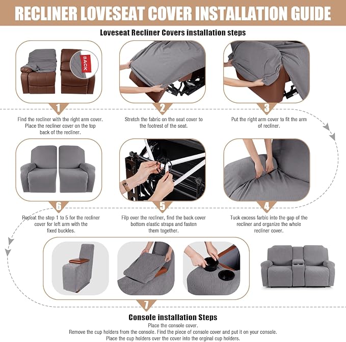 VANSOFY Recliner Loveseat Cover with Middle Console Stretch Reclining Sofa Slipcover for 2 Seat Jacquard Reclining Couch Sofa Covers Furniture Protector with Elastic Straps Bottom (Light Gray) | 4-Pieces, Soft Furniture Protector, Washable Slipcover wi... - Image 6