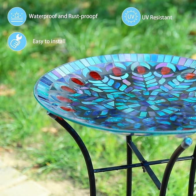 MUMTOP Mosaic Glass Bird Baths with Metal Stand for Garden Decor, Peacock | 14 Inch Width 19.68 Inch Height Outdoor Garden Peacock Bird Bath Bowl, Unique Glass Birdbaths Bird Feeder for Yard Decor - Image 3