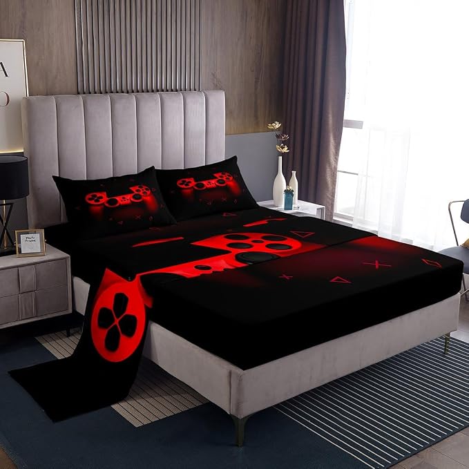 Gamer Bedding Set for Boys - Full Gaming Sheet Set with Red Gamepad Design, Black Cool Retro Gaming Flat Sheet and Pillowcase - Image 3