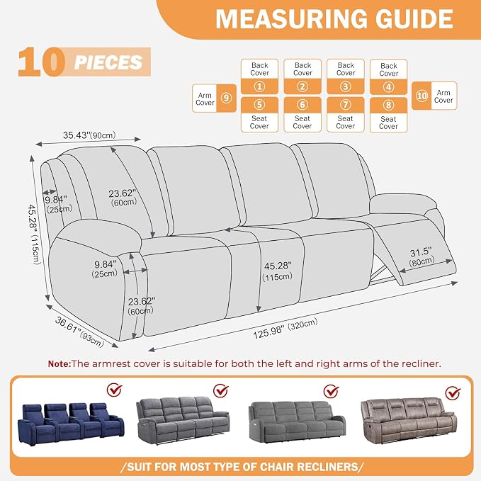 vctops Diamond Recliner Sofa Covers 10-Pieces Stretch Large RV Couch Covers for 4 Seats Reclining Slipcovers Soft Solid Furniture Protector (White,4 Seat) - Image 2