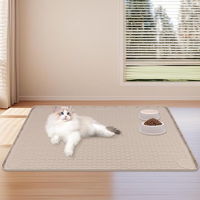 Dog Food Mat 40''x28'' Extra Large Dog Mat for Food and Water, Khaki | Silicone Dog Bowl Mat with Raised Edge, Waterproof Non-Slip Pet Feeding Mat for Floors, fit for Dog Cat Bowls - Image 7