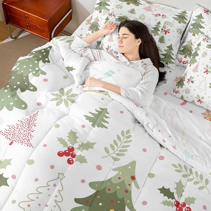 Erosebridal Kids Cartoon Christmas Bed in A Bag 7 Pcs Kawaii Christmas Tree Comforter Set for Kids Boys Girls Cute Xmas Pine Tree Bedding Sets Full Red Berry Botanical Xmas Sheet Set with Comforter - Image 2