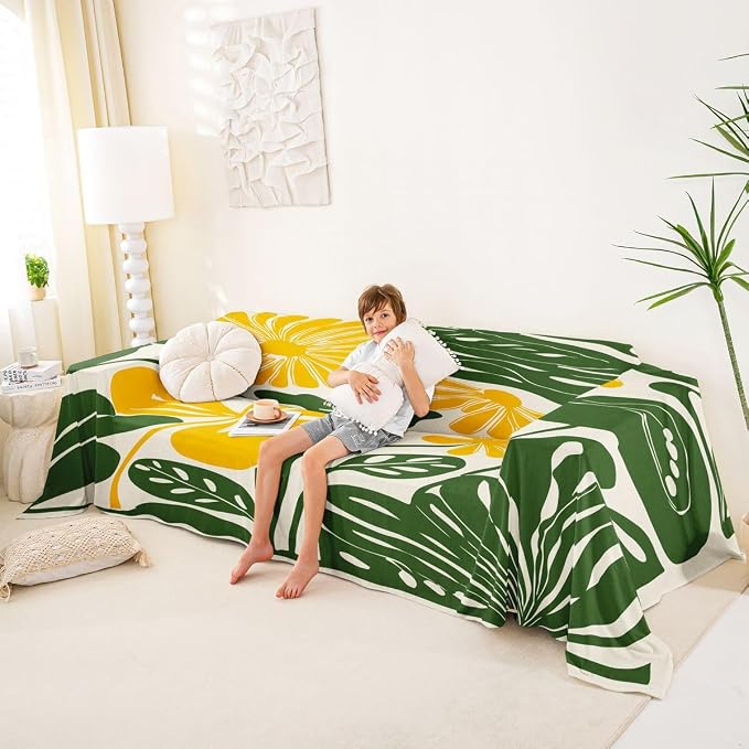 Erosebridal Yellow Green Flower Sofa Cover Minimalist Floral Couch Cover for Kids Women Vintage 70S Modern Sofa Protector Retro Abstract Aesthetic Couch Protector 91" X 134", Washable Non Slip - Image 4