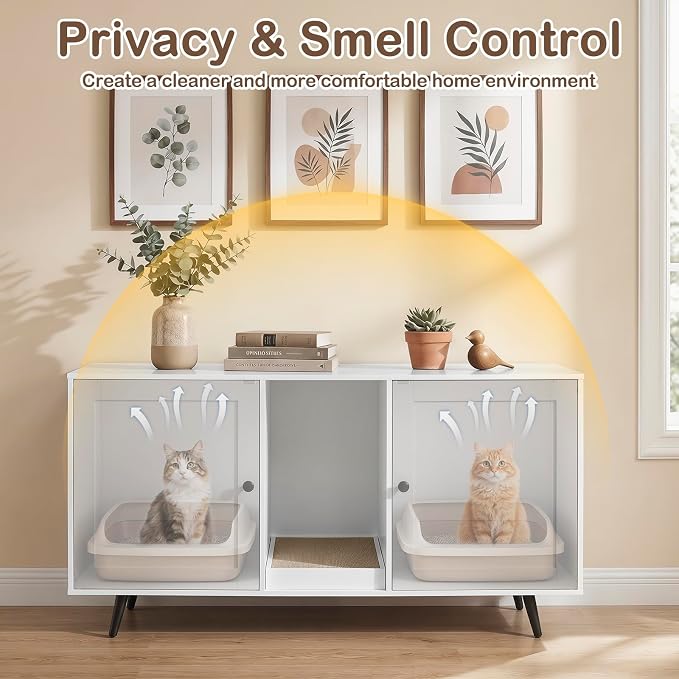 Tangkula Double Cat Litter Box Enclosure, Large Hidden Wooden Cat Cabinet for 2 Cats with Scratching Pad, Double Rooms, Versatile TV Stand Side Table for Indoor Living Room (White) - Image 3