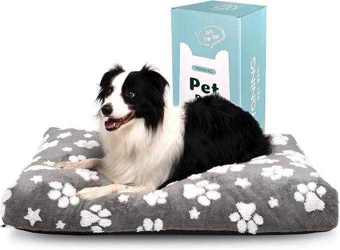 Cute Fluffy Dog Beds for Large Dogs, 35"x 22", Grey Paw | Thick Dog Bed for Crate Kennel, Pet Bed with Removable Washable Cover, Anti-Slip Bottom by Yaning