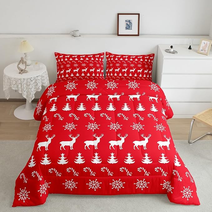 Erosebridal Christmas Full Bedding Set 7 Piece,Xmas Elk Deer Bed in A Bag,Winter Snowflake Comforter Set Candy Pine Tree Sheet Set with Comforter,Red Christmas Decoration - Image 2