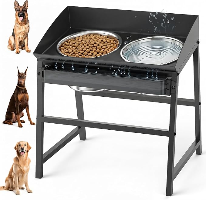 Bobbie & Laxi 15" Tilted Elevated Dog Bowl, Spill-Proof with Plastic Guard | For large dogs; raised stand with smooth plastic edge, 2 stainless steel bowls; 10° tilted stand keeps floors mess-free by BobbieLaxi