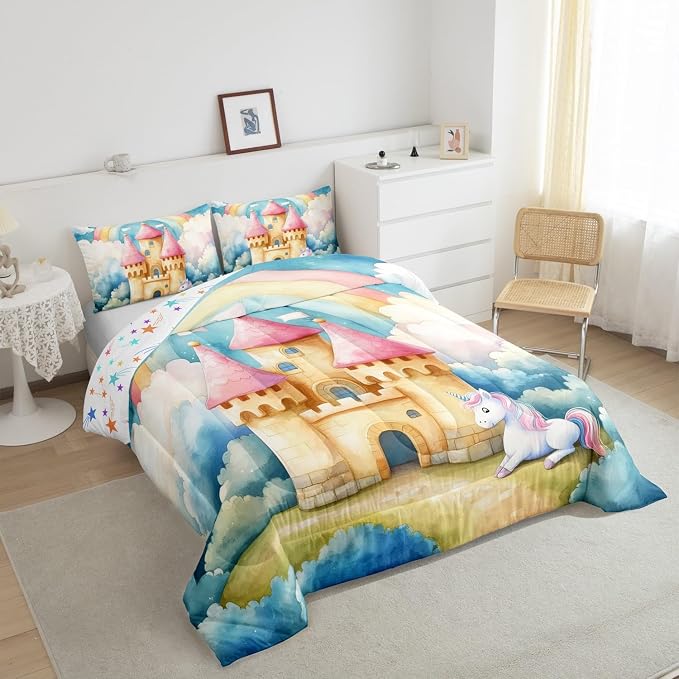 Manfei Cartoon Castle Comforter Set King Size,Lovely Unicorn Dreamy Rianbow Sky Watercolor Bedding Set for Adults Room,Fantasy Princess Style Fairy Tale Down Comforter,3 Pcs 2 Pillowcases - Image 4