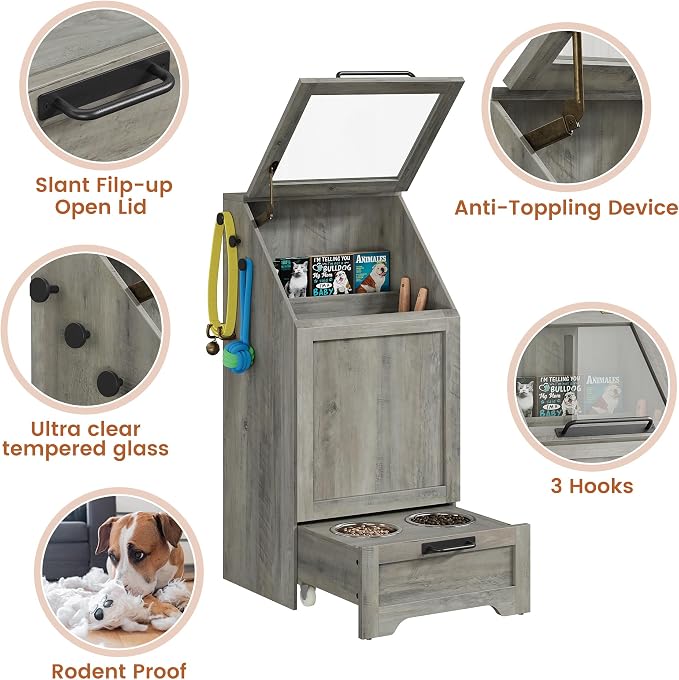 Garvee Dog Feeding Station with 2 Elevated Bowls, Grey | Dog Food Storage Cabinet, Flip Top Pet Feeding Station, Food Storage Container, Pet Toy Organizer - Image 6