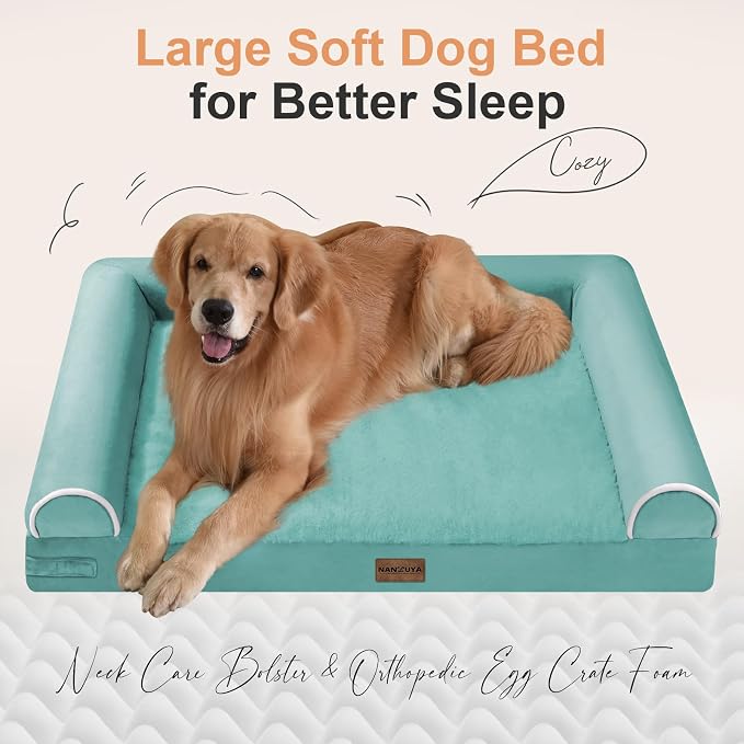NANUYA Orthopedic Dog Bed for XX-Large Dogs, 44 x 34 Inch, Aqua Blue | Egg crate foam for joint support, 3-sided bolster pet sofa, waterproof lining, washable cover, and non-skid base - Image 2
