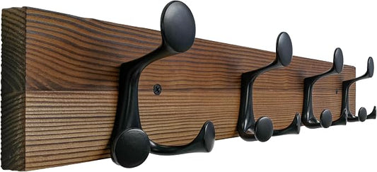 SKOLOO 24-Inch Wood Coat Rack Wall Mount with 4 Triple Hooks - Ideal for Family Entrances, Classrooms, and Pet Supplies Storage - Perfect Coat Hooks for Wall,Charred Golden Brown by SKOLOO