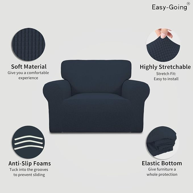 Easy-Going Stretch Oversized Chair Slipcover with Arm Washable Dark Blue | 1-Piece Large chair covers armchair Furniture Protector for Living Room chair and a half cover Soft For Kids, Pet. - Image 3
