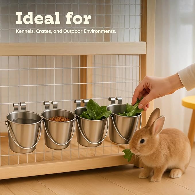 2 Quart Stainless Steel Flat Sided Bucket with Dual Hooks | 4 Pcs Durable Food & Water Bowl for Dog Cats Bird & Small Animals | Fits kennel Cage Crates Hanging Pet Pail | Multipurpose use - Image 4